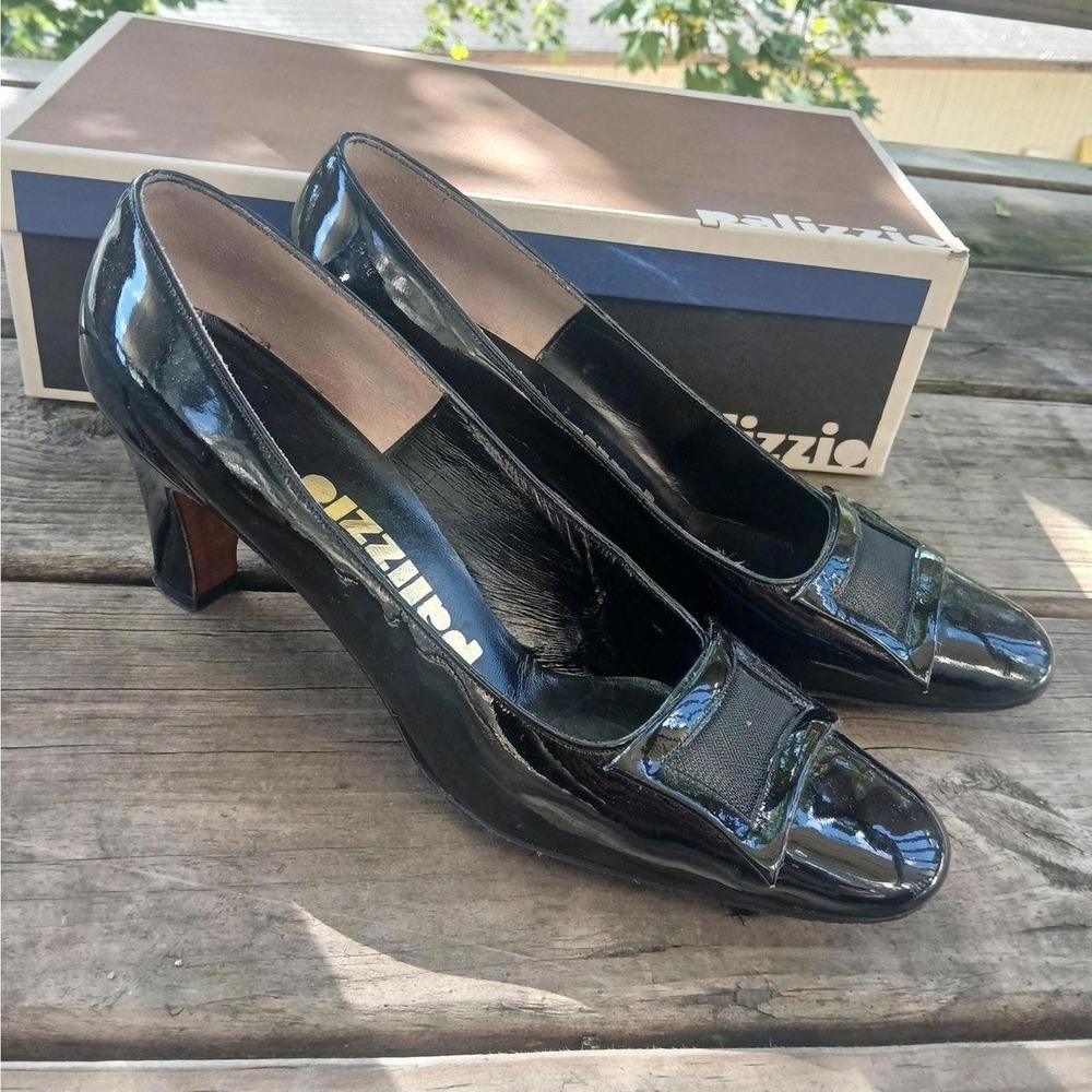 Vintage 70s Palizzio Black Patent Netted Buckle Heels Boxed 7N